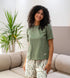 Women summer pajama set Olive Tee + Green Leaves shorts